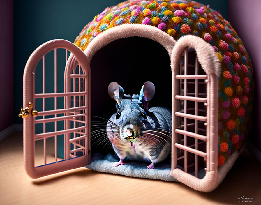 Colorful Digital Art: Oversized Mouse in Knitted Dome House