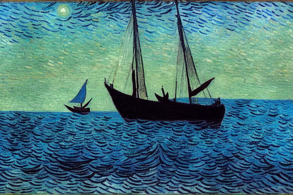 Night seascape with two sailboats under crescent moon