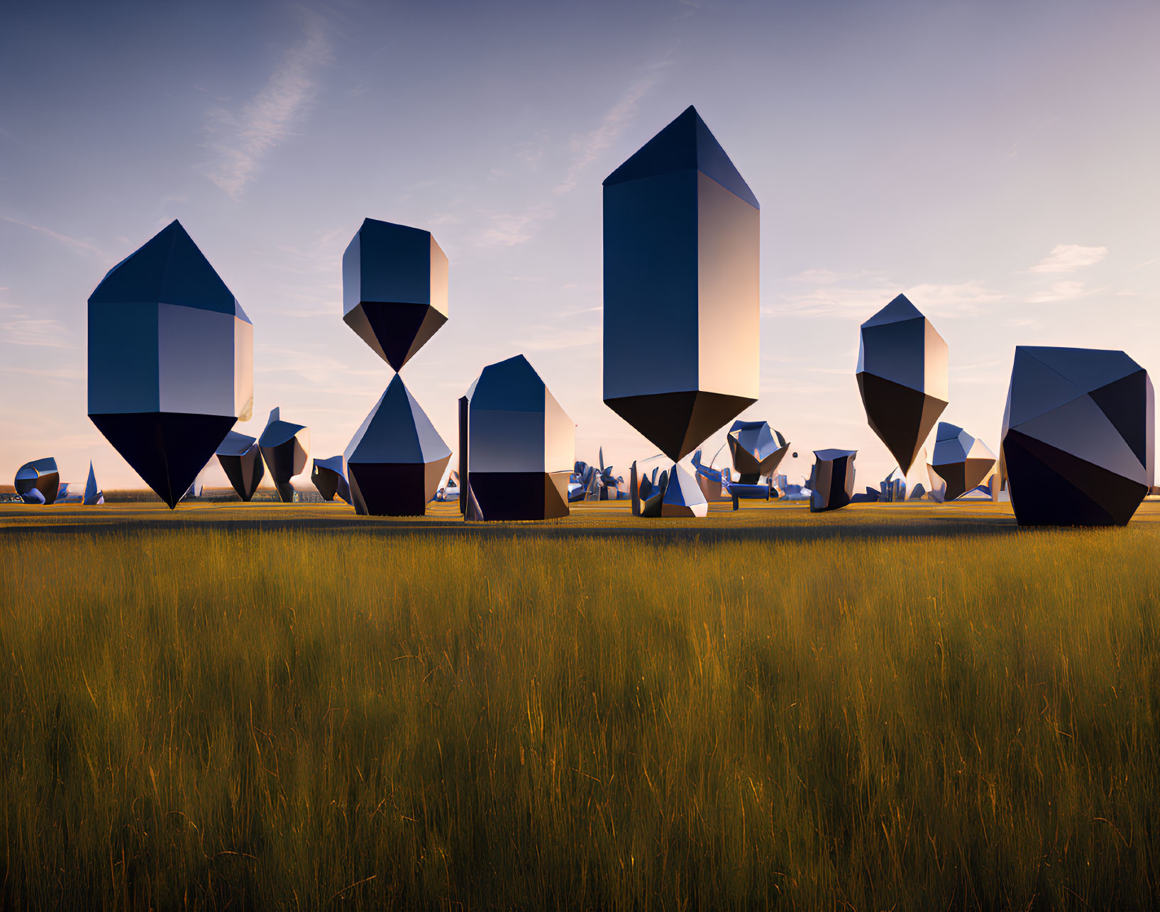 Sunset Field with Geometric Crystal Structures Casting Shadows