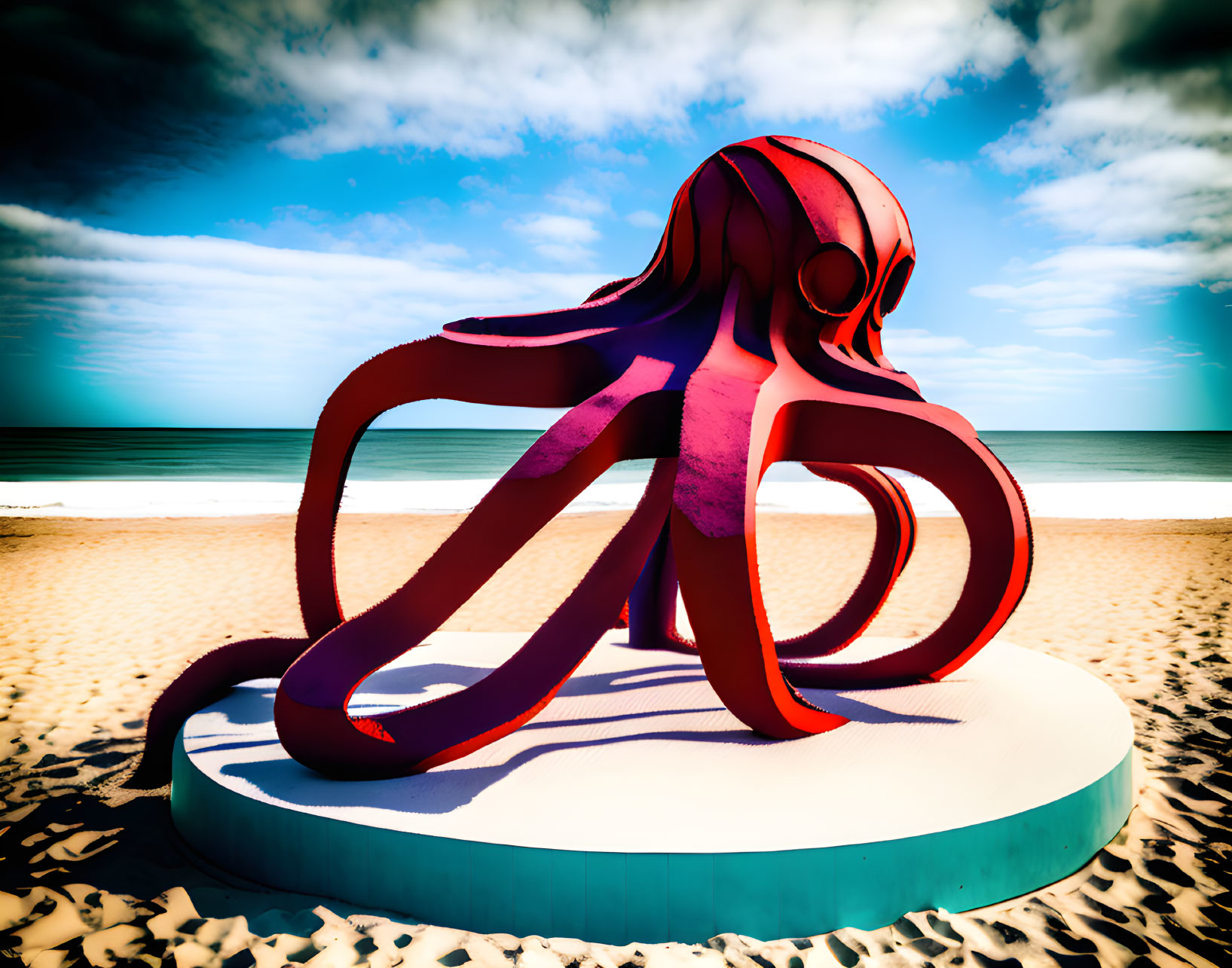 Vibrant Red Octopus Sculpture on Beach Under Clear Blue Sky