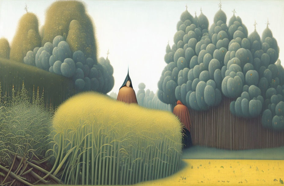 Whimsical painting of lush green landscape with round trees and character in pointed hat