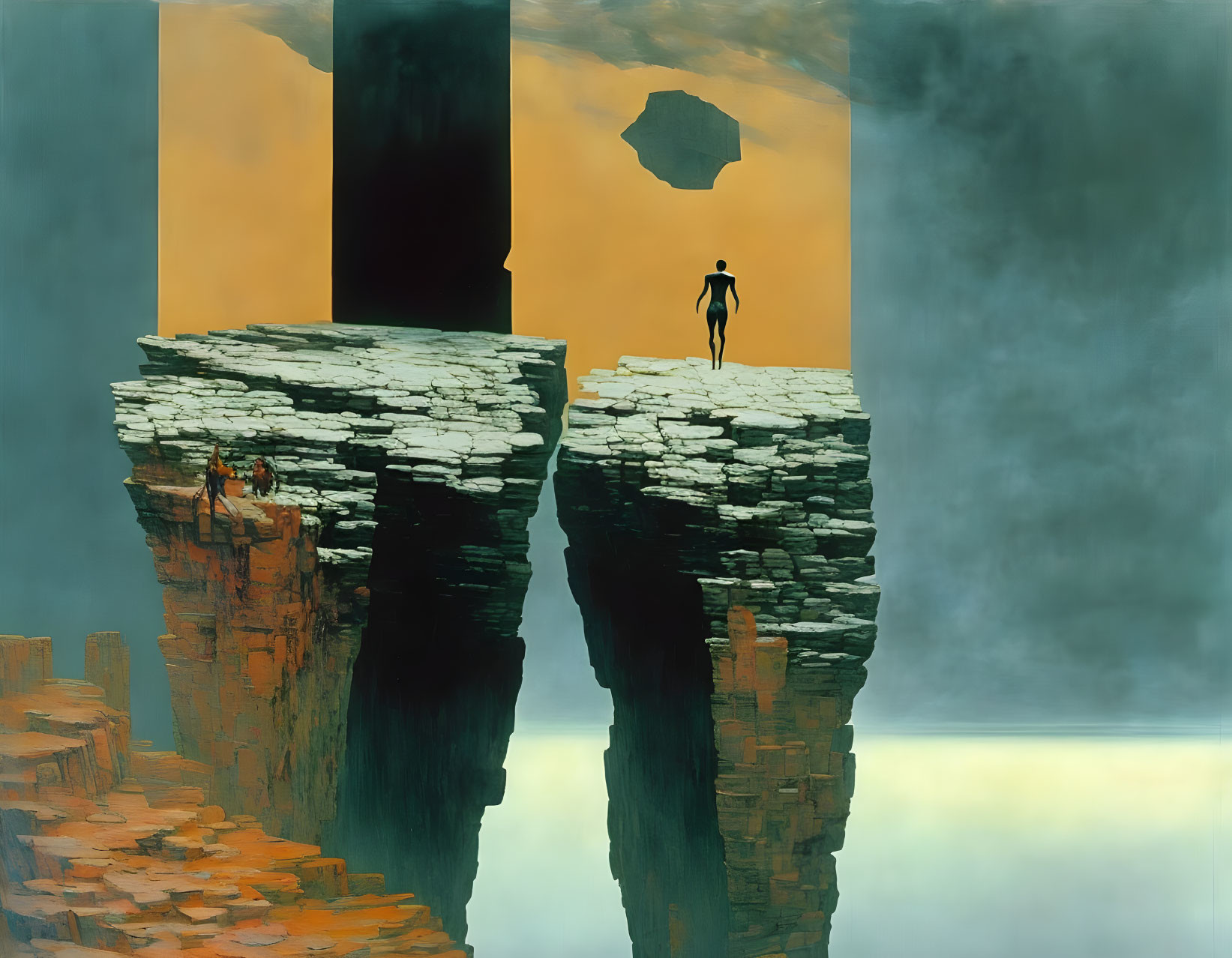 Surreal painting of person on edge of crumbling precipice