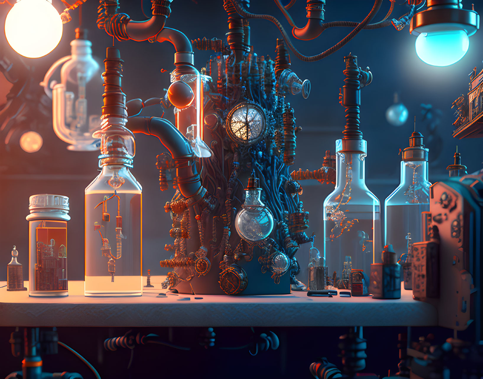 Detailed Steampunk Laboratory with Machinery, Bulbs, Gears, Tubes, and Flasks