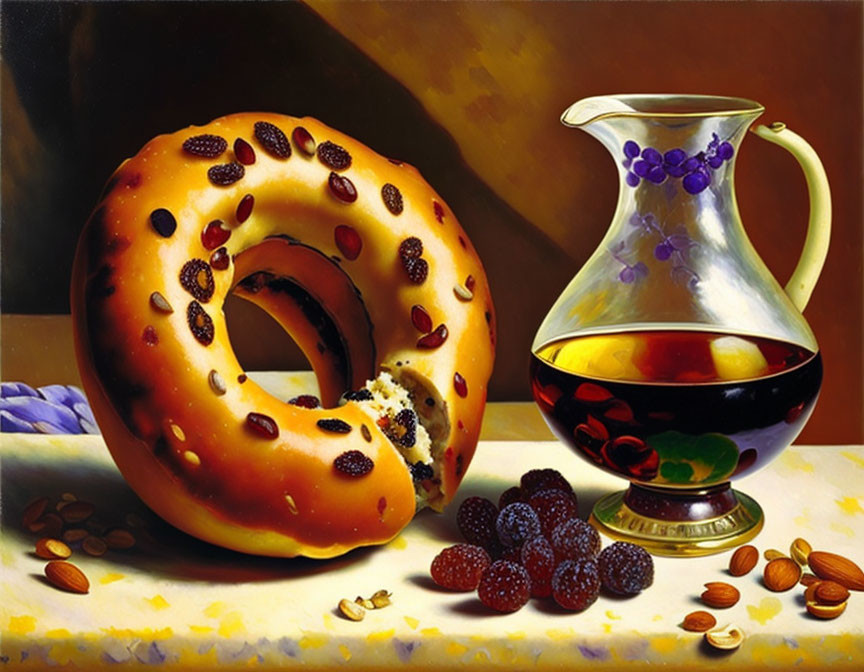 Realistic painting of giant bagel, pitcher, blackberries, and almonds on reflective surface