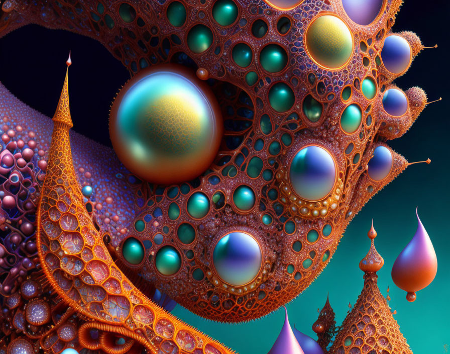 Vibrant fractal art with spheres and spires on blue backdrop