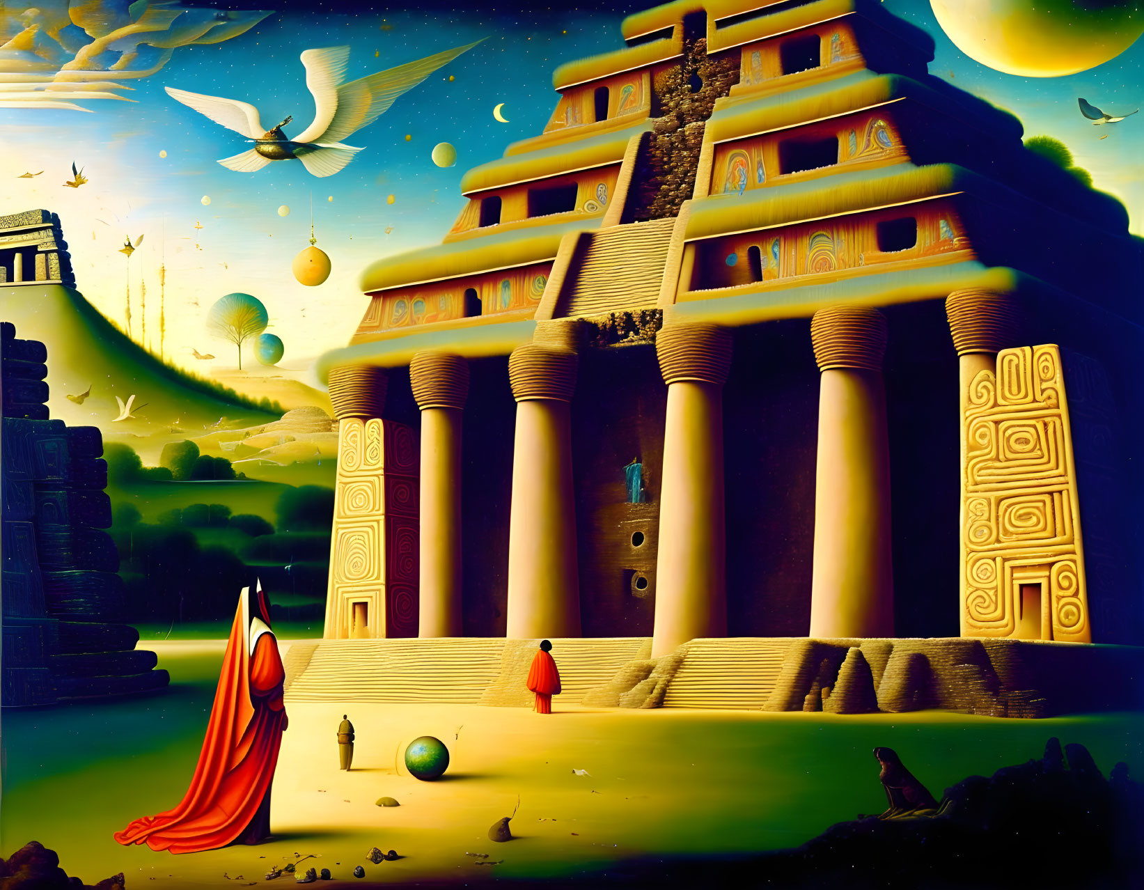 Surreal landscape with red figure, ancient pyramid, cosmic backdrop, and floating bird