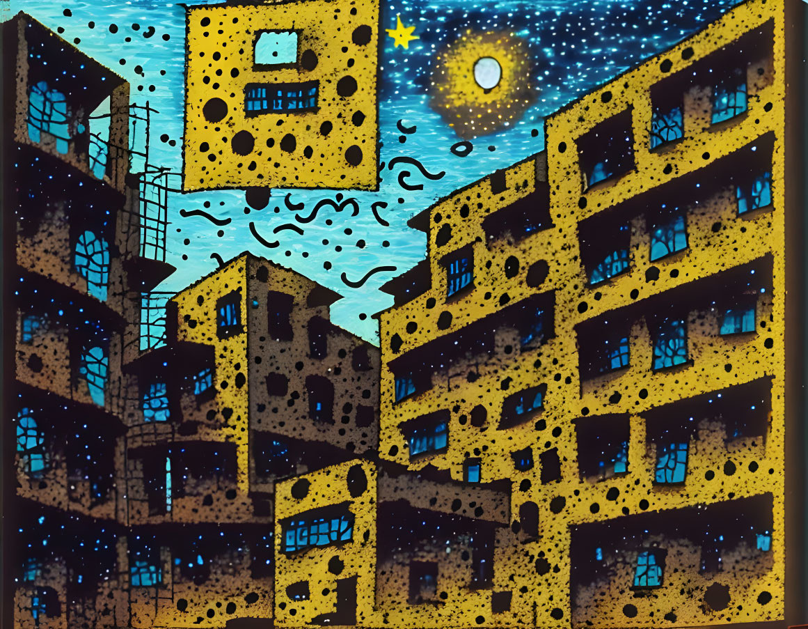 Night sky over yellow buildings with staircases and blue swirls