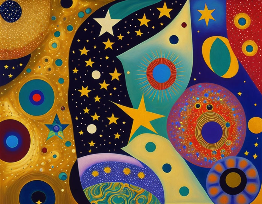 Colorful Abstract Painting with Cosmic Elements and Swirling Patterns