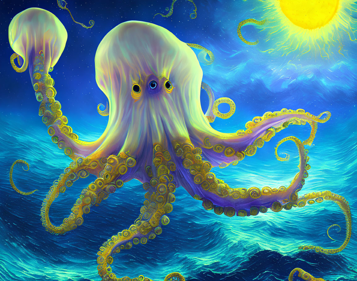 Colorful Octopus Illustration Swimming in Ocean Under Sunny Sky