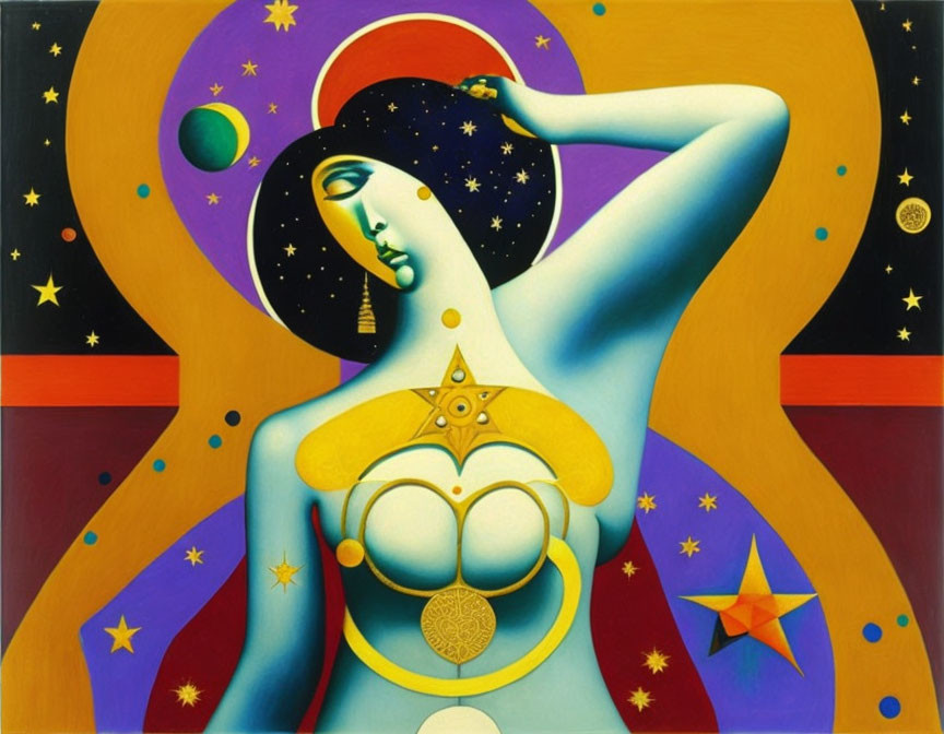 Vibrant surrealistic painting of stylized female figure with cosmic elements