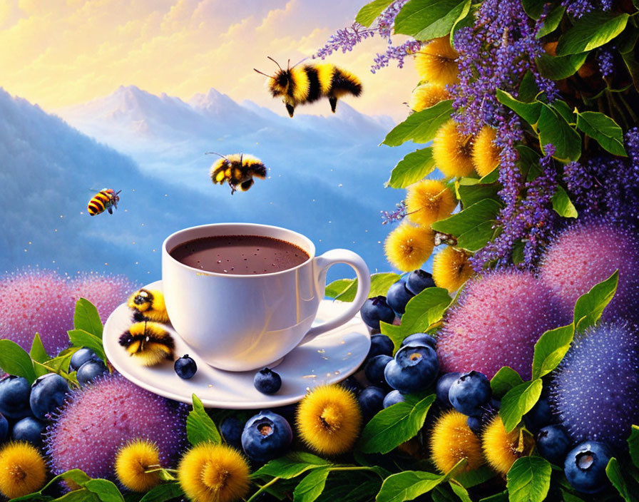 Colorful digital artwork: bumblebees, hot drink, blueberries, flowers, mountain.