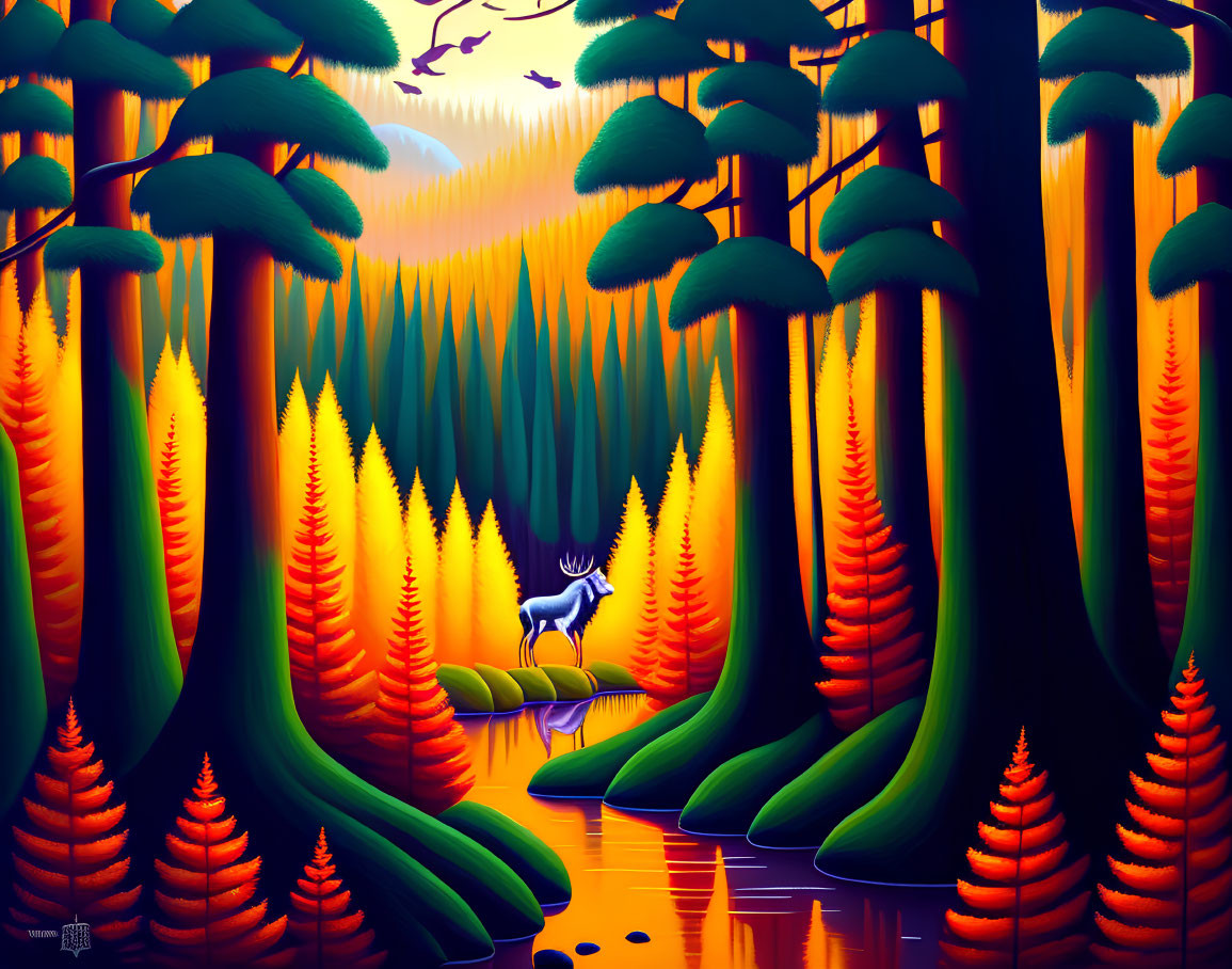 Colorful forest scene with deer, trees, water body, and sunset sky