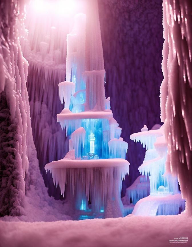 Fantastical icy cave with glowing blue stalactites and stalagmites in soft pink light