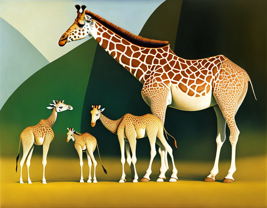 Giraffe and calves on geometric landscape with green-yellow gradient