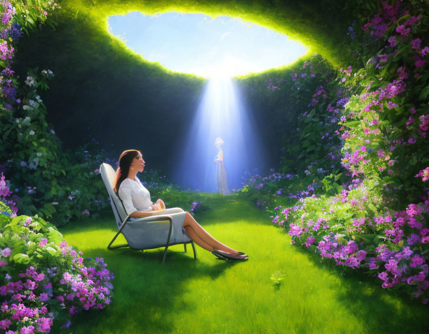 Woman relaxing in vibrant garden with purple flowers and glowing figure in sunlit clearing