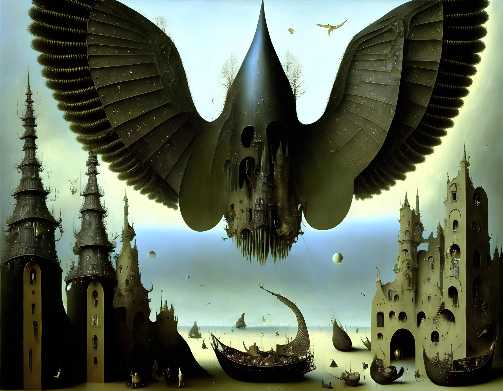 Surreal Gothic landscape with winged structure, towers, and floating ships