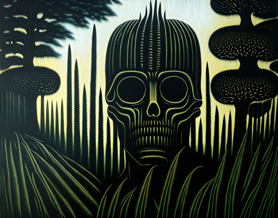 Monochromatic Skull Artwork with Vertical Lines and Trees