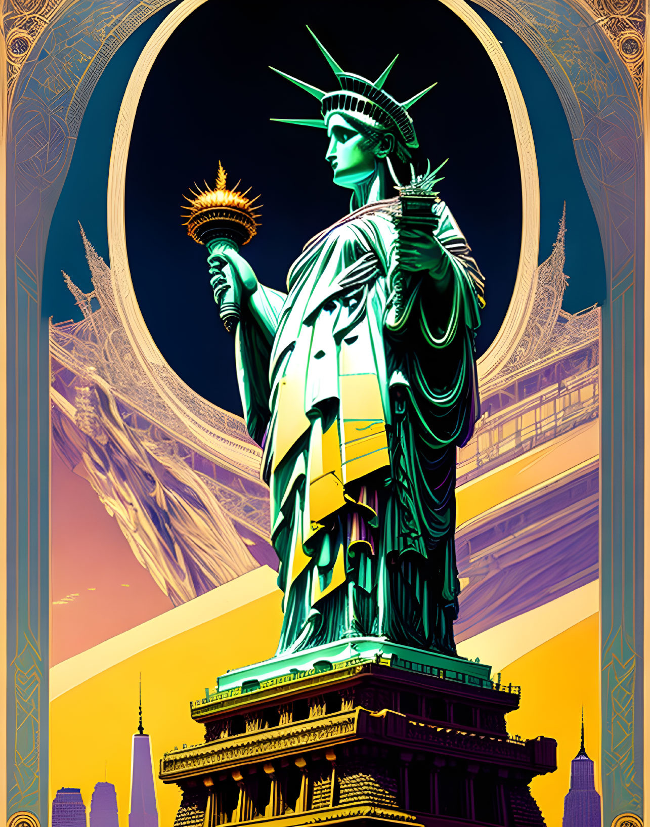 Statue of Liberty illustration with colorful geometric backdrop and city skyline.