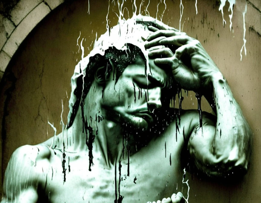 Close-up of tormented male statue with hand on head and streaming liquid.