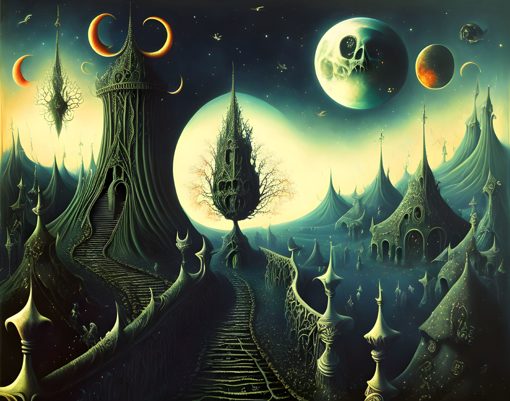 Surreal fantasy landscape with spire-like structures and celestial bodies