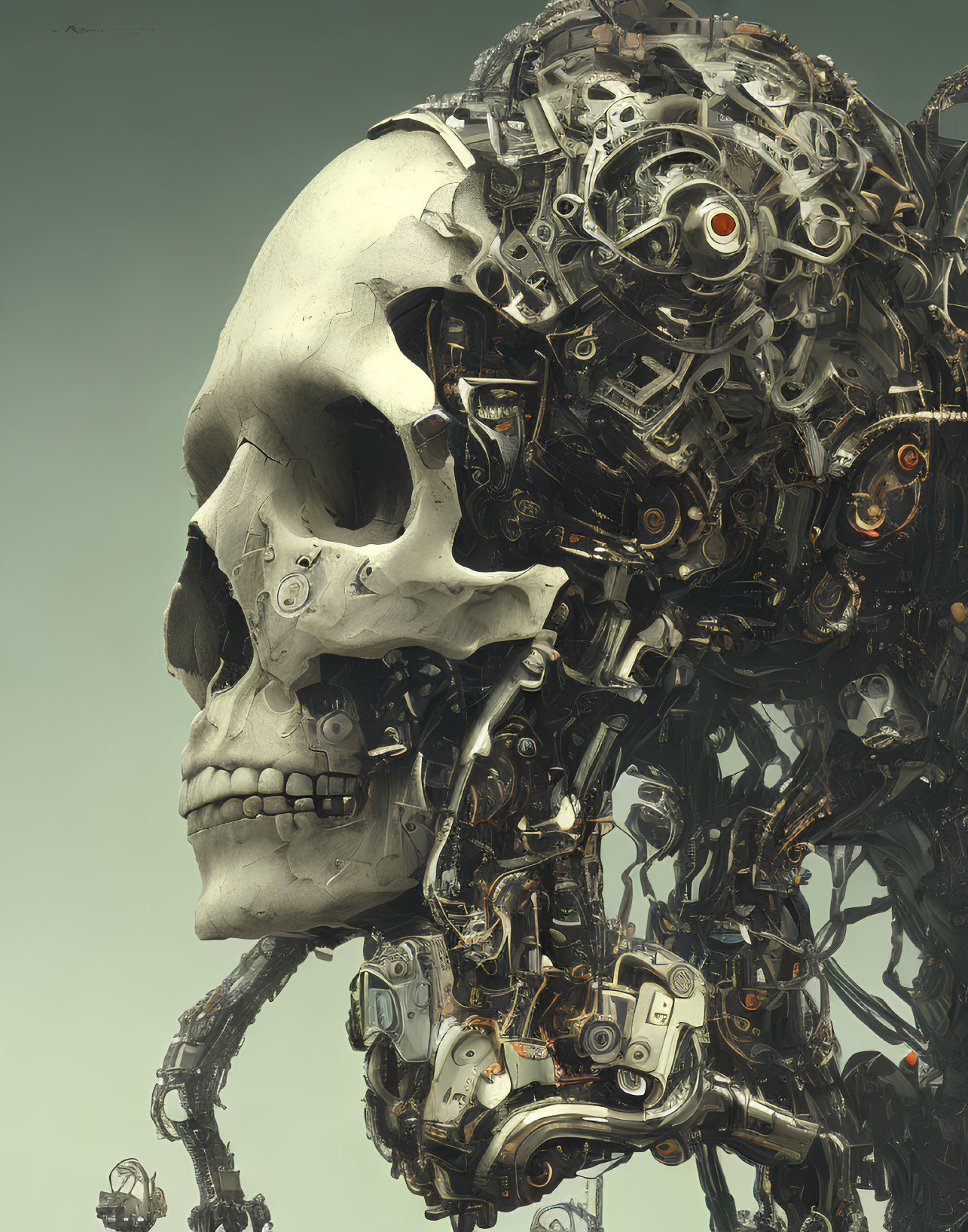 Digital artwork: Robotic structure with human skull facade and intricate mechanical parts on neutral background