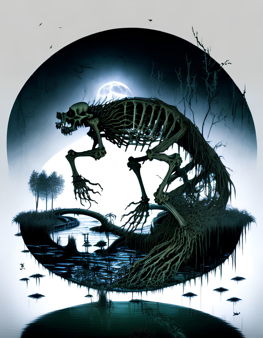 Spooky skeleton with claws in swamp under full moon