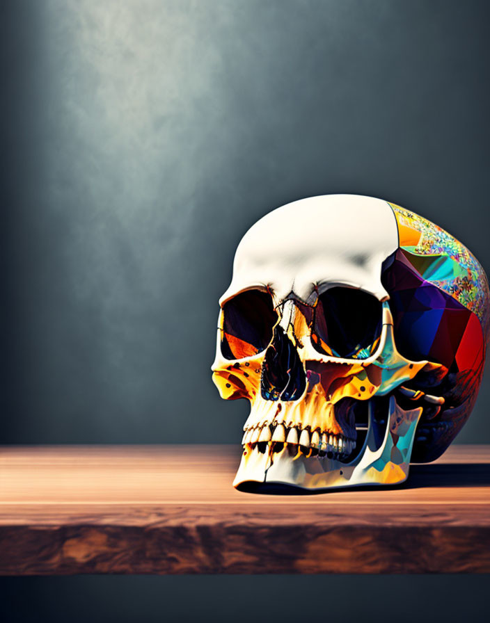 Colorful geometric half-skull on dark background and wooden surface