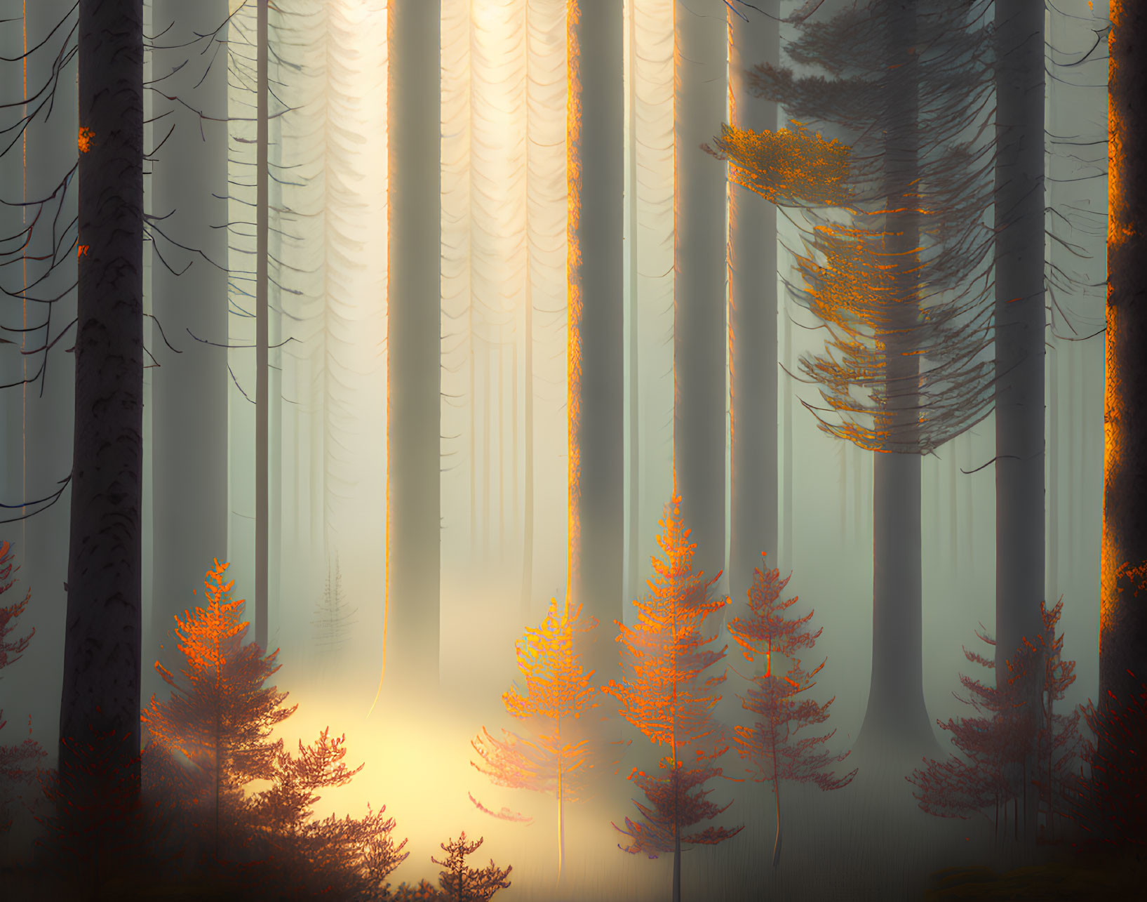 Misty Forest at Sunrise with Beams of Light through Tall Trees