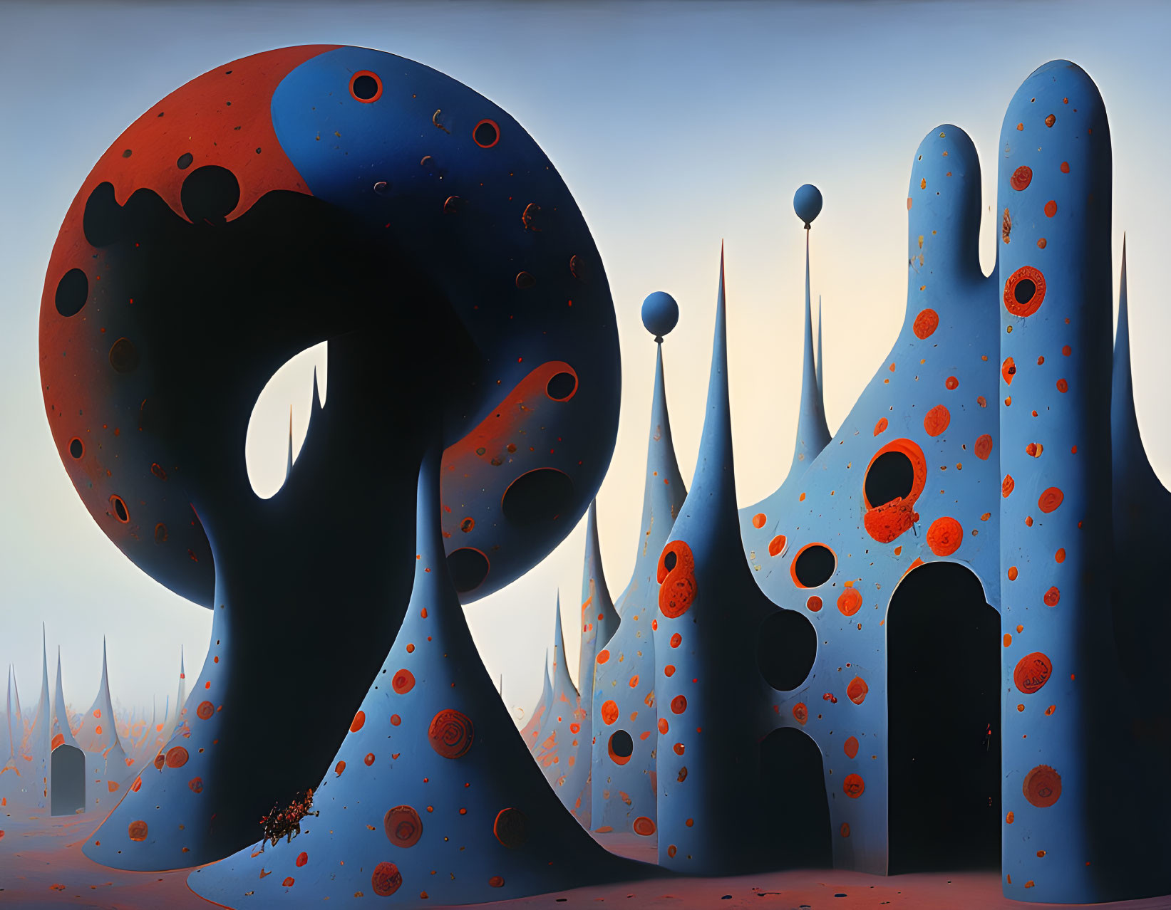 Surreal landscape with blue and orange mushroom-like formations under gradient sky