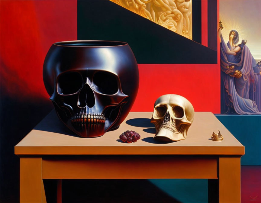 Surreal painting with giant black skull vase, smaller skull, fruits, and intricate background art