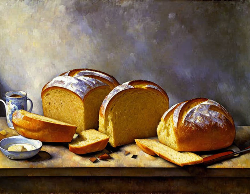 Classic Still Life Painting with Sliced Bread, Knife, Bowl, and Cup