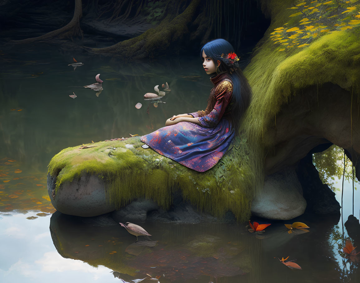 Ethereal forest scene with girl on stone ledge by tranquil water