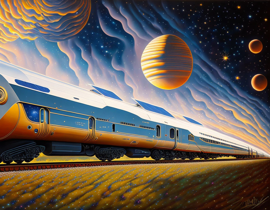 Futuristic train on barren landscape under starry sky with planet and moons.