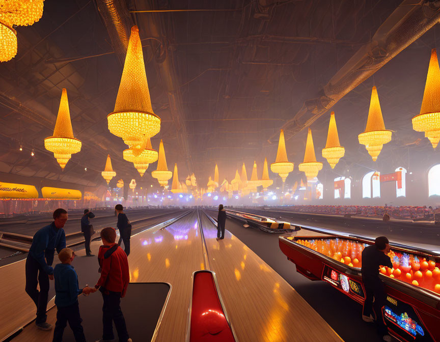 Futuristic Bowling Alley with Orange Lanes and Cone-Shaped Lights