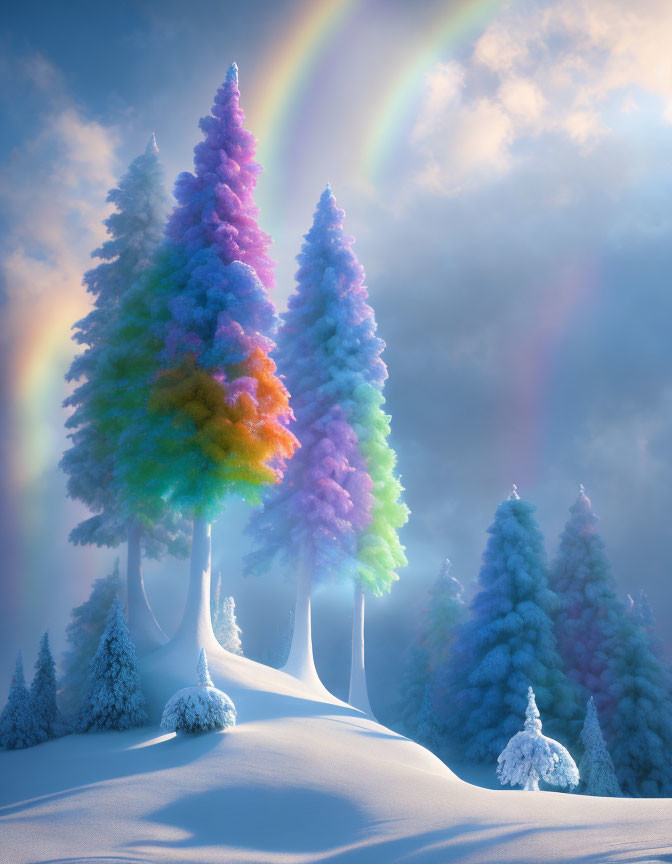 Snowy Landscape with Rainbow Trees and Double Rainbow Sky