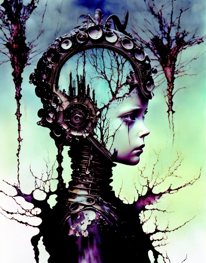 Surreal humanoid figure with mechanical head among dark trees in purple and green sky