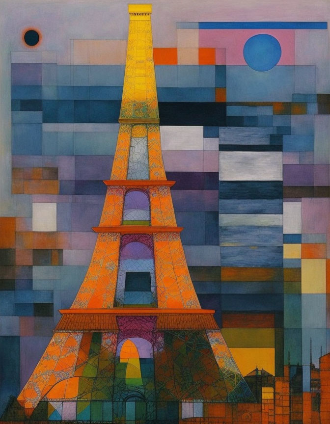 Vibrant abstract Eiffel Tower art with geometric patterns and landscape.