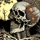 Skeleton with Exaggerated Features in Golden Tones and Full Moon