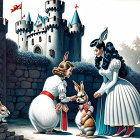 Colorful Anthropomorphic Rabbits in Regal Attire with Castle Backdrop