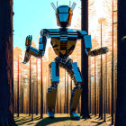 Intricate humanoid robot graphic in forest setting