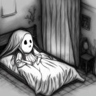 Eerie monochrome illustration of two identical girls in bed