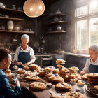 Humanoid robots in rustic kitchen with freshly baked cookies