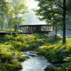 Wooden cottage with metal roof in lush green forest by babbling brook.