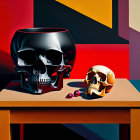 Surreal painting with giant black skull vase, smaller skull, fruits, and intricate background art