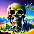 Colorful Surreal Landscape with Large Skull and Mountains