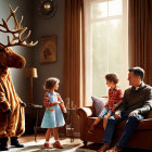 Person in Moose Costume, Kids Playing, Man on Couch in Cozy Room