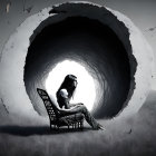 Woman sitting in circular wooden tunnel under starry sky