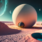 Vibrant sci-fi landscape with spherical structure and cosmic portals