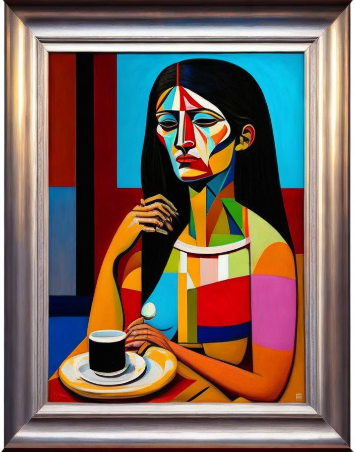 Colorful Cubist Painting of Woman with Coffee Cup in Silver Frame