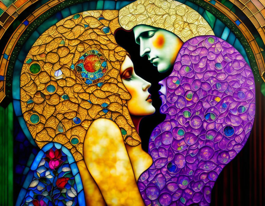 Colorful Stained Glass Artwork of Two Figures Embracing